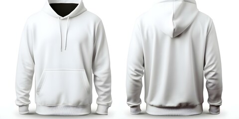 Wall Mural - White hoodie front and back view mockup on white background. Concept Clothing Mockup, White Hoodie, Front and Back View, White Background