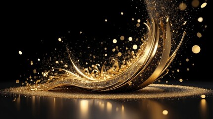 Wall Mural - abstract black background embellished with dancing golden particles and glitter, radiating a sense o