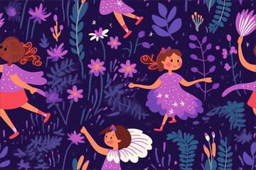 Naklejka na meble Playful fairies in a vibrant, magical garden at night, filled with whimsical flowers and foliage in shades of purple and pink background