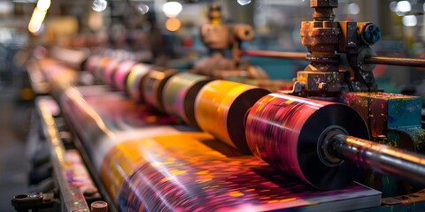 Sticker - Vibrant Printing Press in Action at a Publishing House. Concept Publishing House, Printing Press, Vibrant Colors, Editorial Process