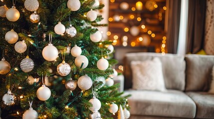 Photo of a cozy living room with a decorated Christmas tree in the foreground and a comfortable sofa with cushions and throws in the background, creating a warm holiday atmosphere.