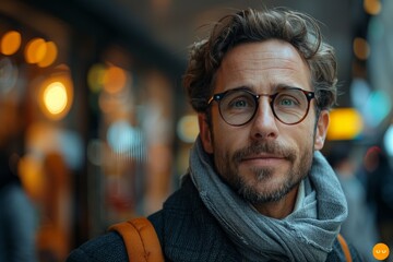 A stylish mature man with glasses and a scarf poses in an urban setting, exhibiting confidence and sophistication