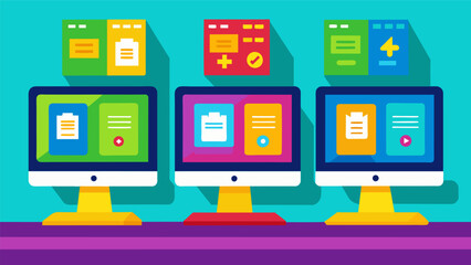 Brightly colored posters line the walls of the computer lab displaying basic keyboard shorts and coding commands to help the children in their learning.. Vector illustration