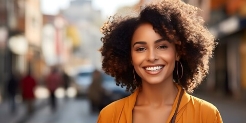 Wall Mural - Smiling young African American woman in city street closeup portrait. Concept City Street, Portrait, Closeup, African American, Smiling