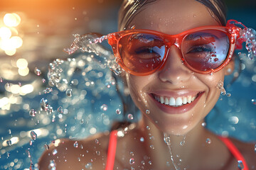 A woman in a red swimsuit is smiling and splashing water in the air