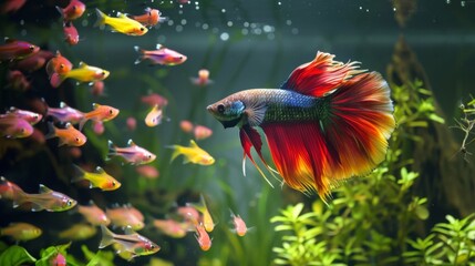 A betta fish chasing after a school of colorful tetras in a community aquarium, its natural hunting instincts on full display.