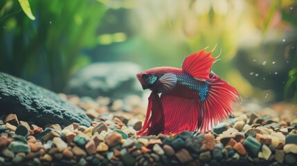 Wall Mural - A betta fish hunting for food among the gravel substrate of its aquarium, with its keen senses and swift movements on full display.