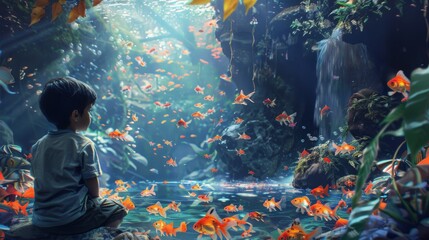 Wall Mural - A child gazing in wonder at a beautiful goldfish tank, captivated by the colorful fish and serene underwater world before them.