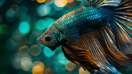 Poster - A close-up of a betta fish's shimmering scales, with iridescent colors reflecting the light in a dazzling display of beauty.