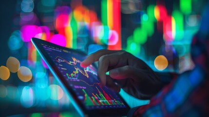 Aufkleber - A close-up of a businessman analyzing stock market graphs and charts on a tablet device, making informed investment decisions