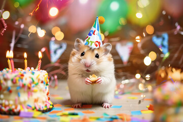 Wall Mural - 
A hamster is wearing a party hat and eating a piece of cake. The scene is festive and joyful, with the hamster being the center of attention
