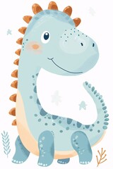 Cute big head light blue dinosaur watercolor illustration in white background. 