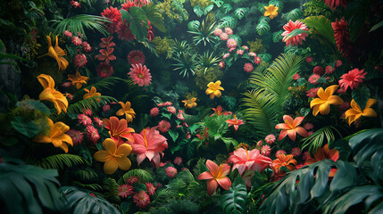 Wall Mural - A lush green jungle with a variety of flowers, including pink and yellow ones