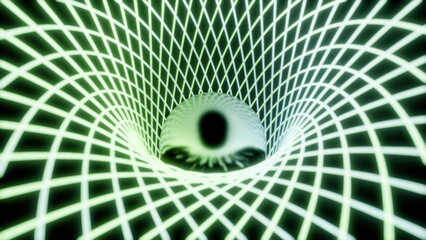 Wall Mural - abstract striped tunnel of neon green tunnel. design. glowing reflective sphere inside 3d corridor.