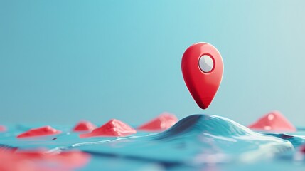 3D rendering of a red location pin on a blue landscape, symbolizing navigation and pinpointing locations in a digital map environment.