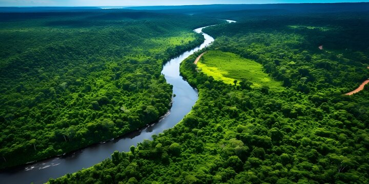 Aerial Perspective of the Amazon River meandering through vibrant rainforest. Concept Nature Photography, Tropical Landscapes, Aerial Views, Amazon Rainforest, River Scenery