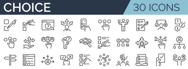 set of 30 outline icons related to choice. linear icon collection. editable stroke. vector illustrat