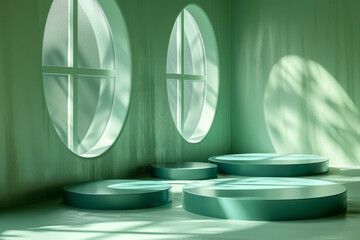 Poster - Artistic rendering of a green table with blue circular pockets at each corner, emphasizing geometric shapes,