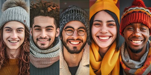A group of diverse young people wearing winter hats and scarves are smiling at the camera.