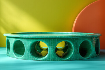 Poster - Artistic rendering of a green table with blue circular pockets at each corner, emphasizing geometric shapes,