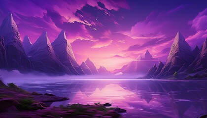 purple sky, sunrise over the sea; abstract fantasy nature background