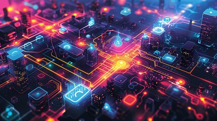 a digital landscape showing interconnected devices, from smartphones to computers, linked by vibrant