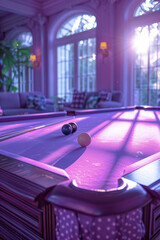 Poster - Scene with a purple billiard table outline, featuring diamond-shaped pockets at the corners and midpoints,
