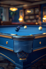 Poster - Illustration of a blue billiard table with minimalist outlines and pentagonal pockets at each corner,