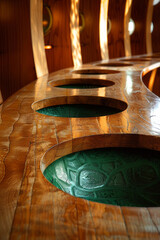 Poster - Scene featuring a brown table outline with green elliptical pockets, giving an abstract representation of a billiard table,