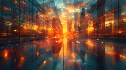 Wall Mural - A cityscape with a sunset in the background