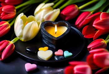 A heart-shaped bar of hand cream on a black stone tray with fresh tulips and a lit spa candle in the background