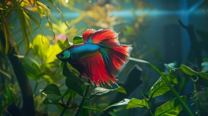 Wall Mural - A colorful betta fish resting on a leaf in a planted aquarium, its intricate fins creating an elegant silhouette against lush greenery.