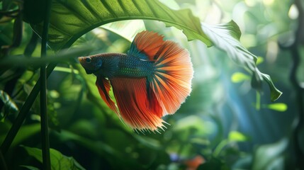 A colorful betta fish resting on a leaf in a planted aquarium, its intricate fins creating an elegant silhouette against lush greenery.