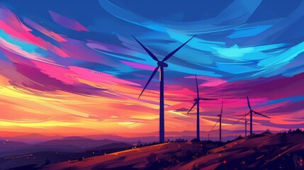 Wall Mural - A colorful sunset silhouette of wind turbines on a hillside, with vibrant hues painting the sky as the turbines spin peacefully.