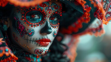 Close-up of Woman with Day of the Dead Face Paint and Decorative Hat - ai generative