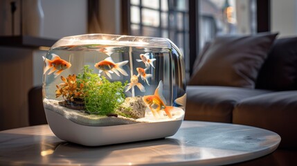 Poster - A decorative tabletop goldfish tank adding a touch of elegance to a modern living space, with sleek design and vibrant aquatic life.