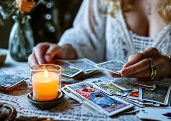 Wall Mural - Tarot reading by candlelight, cards on the table