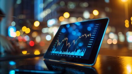 Leinwandbilder - A digital tablet displaying a stock market graph with fluctuating trends, depicting the dynamic nature of financial markets.