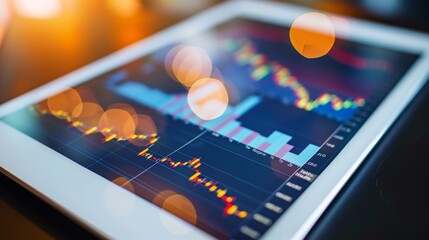 Fototapete - A digital tablet displaying a stock market graph with fluctuating trends, depicting the dynamic nature of financial markets.
