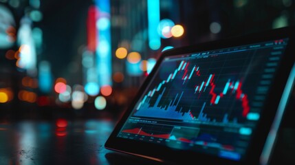 Leinwandbilder - A digital tablet displaying candlestick charts and technical indicators, used by traders for analyzing stock market trends.