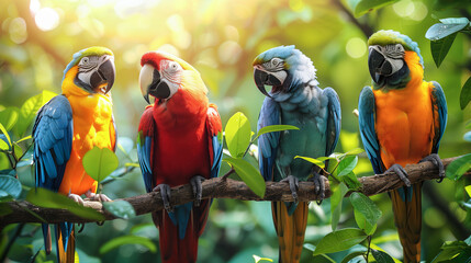 Colorful parrots perched on a tree branch in a lush tropical forest with sunlight filtering through leaves