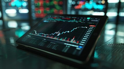 Leinwandbilder - A digital tablet displaying candlestick charts and technical indicators, used by traders for analyzing stock market trends.