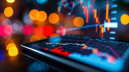 Leinwandbilder - A digital tablet displaying candlestick charts and technical indicators, used by traders for analyzing stock market trends.
