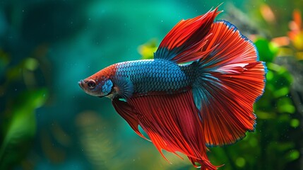 Wall Mural - A fierce betta fish displaying vibrant colors and flared fins, showcasing the beauty and aggression of this majestic aquatic creature.