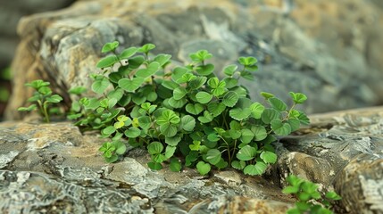 Sticker - Creeping woodsorrel known as Jarri Botti in Urdu and Hindi set against a natural rock backdrop