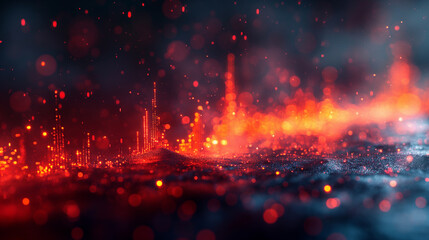 A blurry image of a city with red and blue lights