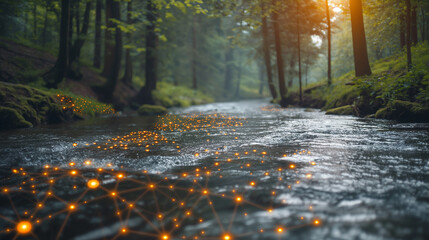 Wall Mural - A stream of water with a network of glowing dots in the water