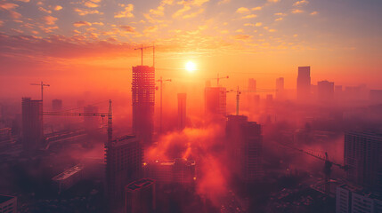 Wall Mural - A city skyline with a red sun in the sky