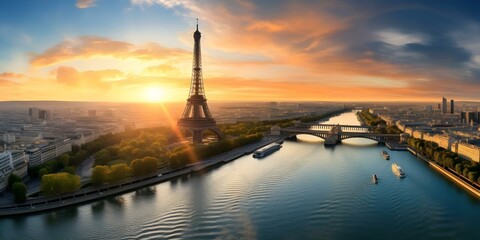 Eiffel Tower at Sunset: A Breathtaking Aerial View in Paris, France. Concept Travel, Landmarks, Photography, Sunset Views, Paris