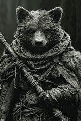 Wall Mural - Stealthy Bugbear Raider Character Avatar in Rugged Furs with Large Mace Gen AI